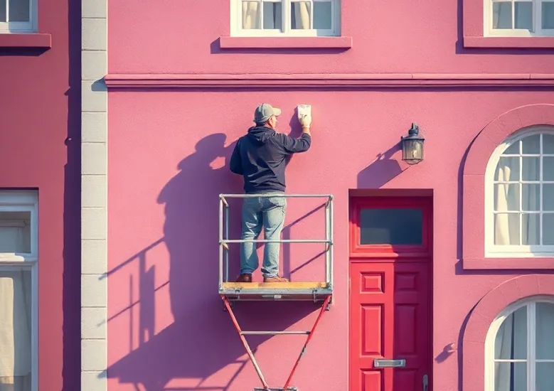 Peintre sur échafaudage traitant la façade d'une maison